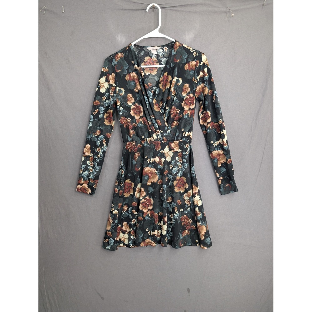 HM Floral V-Neck Long Sleeve Wrap Style Mini Dress XS Black 8492